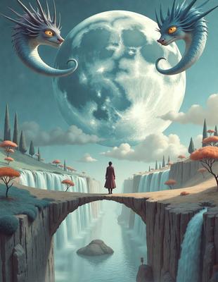 The primary subject of the image is a man standing on a bridge, looking up at the moon. The setting is a fantasy world with a waterfall and a giant moon in the background. The visual style is digital art, and the colors and mood are predominantly dark and moody, with the moon and the waterfall adding a sense of wonder and awe to the scene.